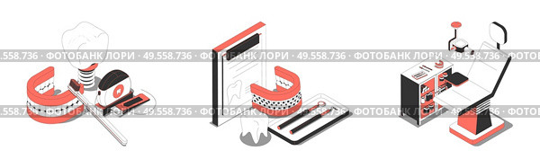 Dental prothesis crown missing teeth reconstruction implant orthodontic chair equipment 3 isometric compositions set isolated vector illustration. Стоковая иллюстрация, агентство Ingram Publishing / Фотобанк Лори
