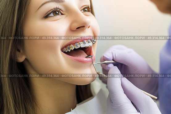 Dentist examining teeth of young woman in dental clinic. Dentistry and health care concept. Стоматолог осматривает зубы молодой женщины в стоматологической клинике. Концепция стоматологии и здравоохранения. Стоковое AI-изображение, AI-художник Katsiaryna Repich / Фотобанк Лори