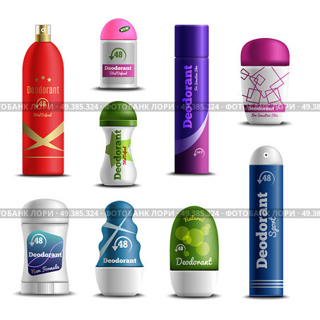 Deodorants spray sticks and roll-on types antiperspirant personal hygiene products realistic objects set isolated vector illustration . Deodorants Spray Sticks Realistic Set . Стоковая иллюстрация, агентство Ingram Publishing / Фотобанк Лори