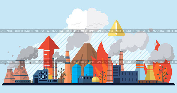 Depiction of industrial factories emitting smoke and flames, contributing to air pollution and environmental harm. This powerful image emphasizes the need for sustainable practices.. Industrial factories with smoke, flames, and pollution, representing the dangers of environmental degradation. Стоковая иллюстрация, агентство Ingram Publishing / Фотобанк Лори