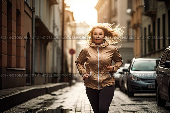 Depiction of overweight young woman running in city during autumn, highlighting concept of shedding pounds. Стоковое AI-изображение, AI-художник Данила Большаков / Фотобанк Лори