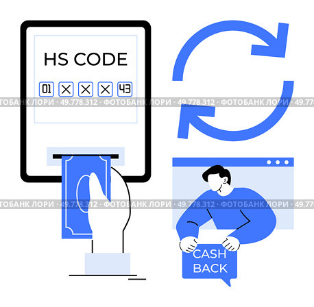 Depicts hand with banknote, HS code on screen, cash back concept, recurring arrows. Ideal for finance, trade, e-commerce, payment processing, refund policies. Clean and modern style. Simplified Concepts of HS Code, Cash Back, and Recurring Payment Illustrated in Blue and White. Стоковая иллюстрация, агентство Ingram Publishing / Фотобанк Лори