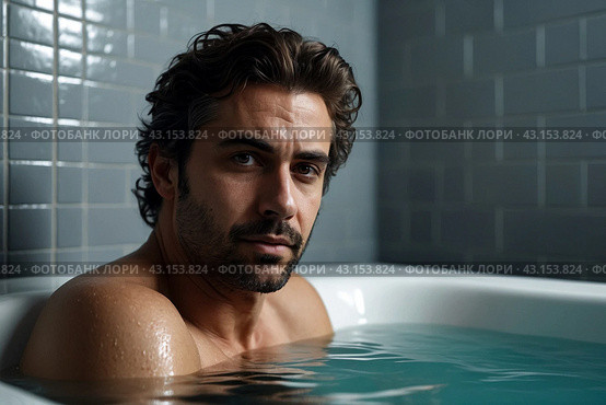 Depressed crazy man mental health in bathtub in bathroom at home looking at camera. Problem person showing human emotions. Concept apathy, anxiety, illness, trouble, creative decline. Copy space. Стоковое AI-изображение, AI-художник Aleksandr Golubev / Фотобанк Лори