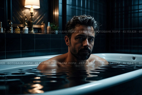 Depressed crazy man mental health in bathtub in bathroom at home looking at camera. Problem person showing human emotions. Concept apathy, anxiety, illness, trouble, creative decline. Copy space. Стоковое AI-изображение, AI-художник Aleksandr Golubev / Фотобанк Лори