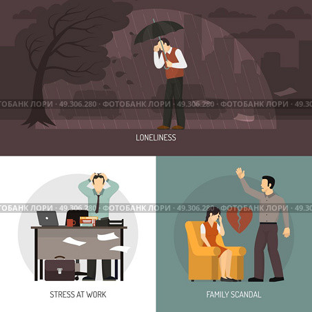 Depression 2x2 Design Concept . Depression 2x2 design concept with loneliness stress at work and family scandal compositions flat vector illustration   . Стоковая иллюстрация, агентство Ingram Publishing / Фотобанк Лори