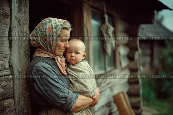 Деревенская жизнь: бабушка у дома держит на руках внука-малыша. Village life: a grandmother holding a baby grandson in her arms. Стоковое AI-изображение, AI-художник Смирнова Светлана / Фотобанк Лори