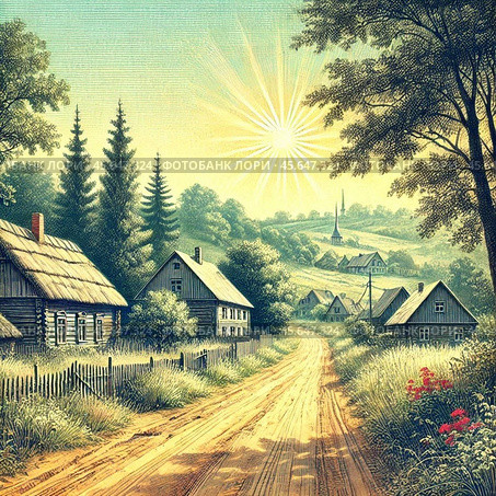 Деревня в горах ,иллюстрация, рисунок,  живописный, солнечно, утро, день,  улица,  деревья, сельская, местность, деревня, лес, старина, ретро, винтаж, открытка, пастораль. Стоковое AI-изображение, AI-художник Ефимчик Елена Николаевна / Фотобанк Лори