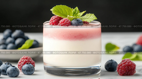 Десерт из свежих ягод с йогуртом и мятой для кулинарных творений и здорового образа жизни. Стоковое AI-изображение, AI-художник ФотоИнтеллект / Фотобанк Лори