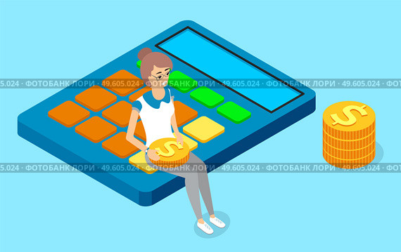 Design concept to count money. A girl holding coin sitting on calculator, stack of gold coins dollars. Success and finance, business calculations, accounting and financial data, budget planning. Design concept to count money. Vector illustration of a girl holding coin sitting on calculator. Стоковая иллюстрация, агентство Ingram Publishing / Фотобанк Лори