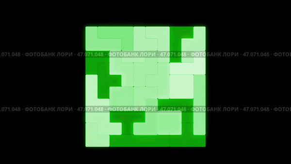 Design.Green tetris in animation falling on a dark empty background. Стоковая иллюстрация, иллюстратор David Kashakhi / Фотобанк Лори