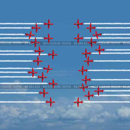 Destructive business strategy concept as two reckless groups of opposing airplanes or acrobatic jets facing off in an irresponsible thoughtless and dangerous confronttation that puts all members in peril. Стоковое фото, агентство Ingram Publishing / Фотобанк Лори