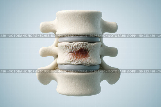 Detailed Anatomical Illustration of Human Vertebrae Highlighting Intervertebral Disc with Degeneration and Pathological Changes. Стоковое AI-изображение, AI-художник Башкирова Анна / Фотобанк Лори