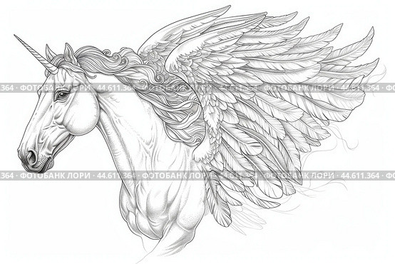 Detailed black and white pencil sketch of a mythical pegasus with elegant wings. Стоковое AI-изображение, AI-художник Иван Рябоконь / Фотобанк Лори