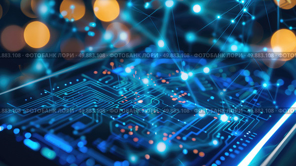 Detailed close-up view of a computer circuit board with various electronic components and pathways. Стоковое AI-изображение, AI-художник Данила Большаков / Фотобанк Лори