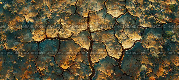 Detailed closeup of a cracked bedrock pattern with camouflaged texture. Стоковое AI-изображение, AI-художник Юрий Поздников / Фотобанк Лори