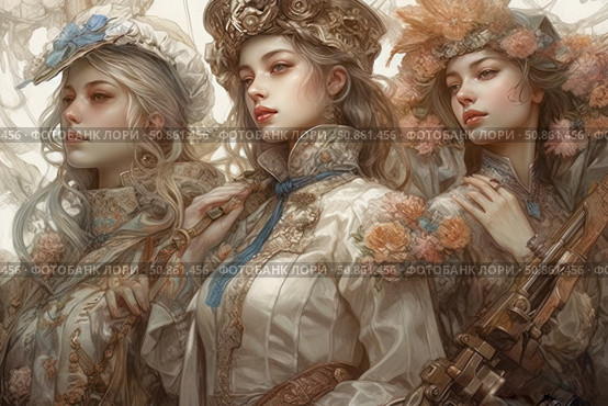 Detailed digital illustration of three women in the style of steampunk and Victorian era. The women are dressed in exquisite costumes with elements of lace, fur and metal jewelry. Each holds a unique weapon, creating an atmosphere of strength, independence and mysticism. Perfect for fantasy, alternate history, games and conceptual art themes. Стоковое AI-изображение, AI-художник Анна Кривицкая / Фотобанк Лори