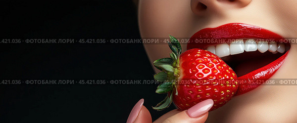 Детальный крупный план красных губ и идеальных белых зубов женщины, когда она кусает свежую клубнику. Яркие цвета контрастируют с черным фоном, привлекают свежестью. Стоковое AI-изображение, AI-художник ФотоИнтеллект / Фотобанк Лори