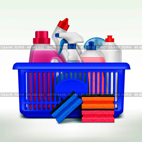 Detergent bottles in basket composition with realistic images of plastic bottles of washing liquids in market basket vector illustration. Стоковая иллюстрация, агентство Ingram Publishing / Фотобанк Лори