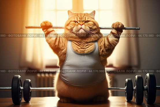 Determined cat lifting weights at home. Стоковое AI-изображение, AI-художник Иван Рябоконь / Фотобанк Лори