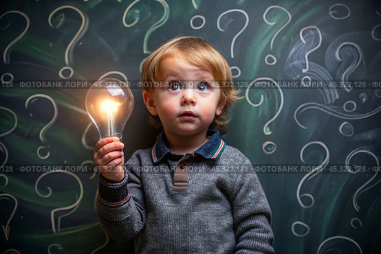 Development and education of children. A thoughtful boy on a dark background with a light bulb and question marks . Brainstorming and the concept of an idea. Стоковое AI-изображение, AI-художник Photojuli / Фотобанк Лори