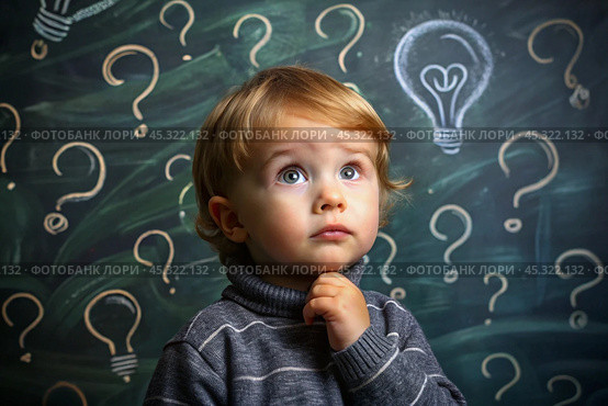 Development and education of children. A thoughtful boy on a dark background with a light bulb and question marks . Brainstorming and the concept of an idea. Стоковое AI-изображение, AI-художник Photojuli / Фотобанк Лори