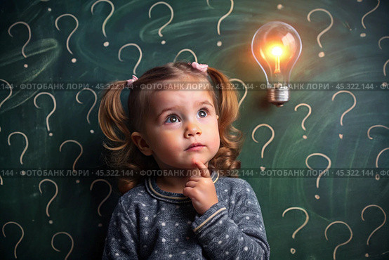 Development and education of children. A thoughtful girls on a dark background with a light bulb and question marks . Brainstorming and the concept of an idea. Стоковое AI-изображение, AI-художник Photojuli / Фотобанк Лори