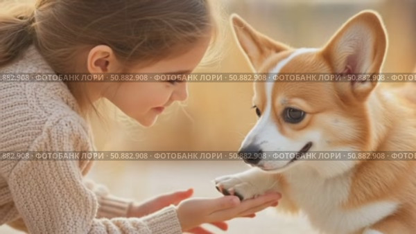 Девочка играет с дружелюбной собакой породы корги, просит дать лапу. Собака машет хвостом и протягивает попеременно обе лапы. Стоковое AI-видео, аниматор Щеголева Ольга / Фотобанк Лори