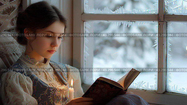 Девушка читает книгу у окна, зимний вечер. Стоковое AI-изображение, AI-художник Щеголева Ольга / Фотобанк Лори