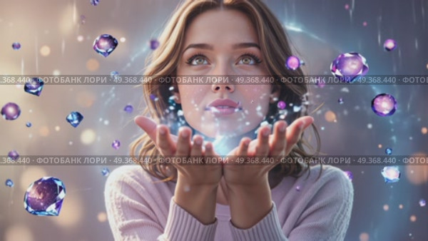 Девушка с магическими летающими аметистами. Стоковое AI-видео, аниматор Виктория Кольцова / Фотобанк Лори