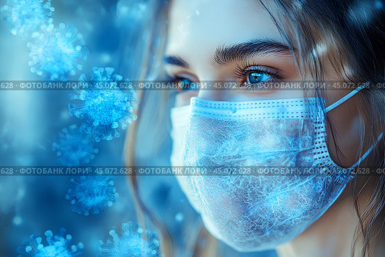 Девушка в медицинской маске. Защита от вирусов, ОРВИ, гриппа. Стоковое AI-изображение, AI-художник Щеголева Ольга / Фотобанк Лори