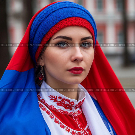 Девушка в русском национальном костюме и в платке с цветами российского флага. Стоковое AI-изображение, AI-художник Юлия Усач / Фотобанк Лори