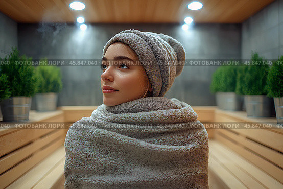 Девушка в сауне. Стоковое AI-изображение, AI-художник Щеголева Ольга / Фотобанк Лори