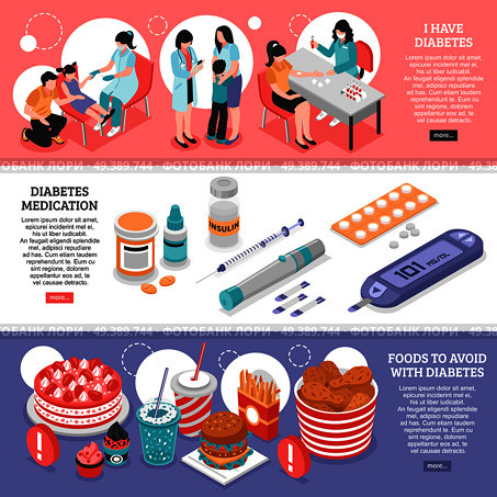 Diabetic tests diagnosis medication diet 3 horizontal isometric web page banners with food to avoid vector illustration . Isometric Diabetes Banners. Стоковая иллюстрация, агентство Ingram Publishing / Фотобанк Лори