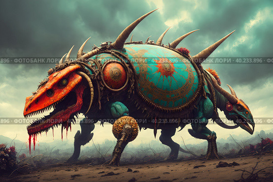Diabolical beast with large incisors, multiple horns, putrefied remains, wild empty eyes, dripping fangs, half-decomposed bones, menacingly alive. AI generated. Стоковое AI-изображение, AI-художник Сергей Старуш / Фотобанк Лори