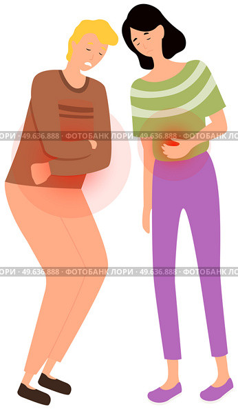 Diarrhea or constipation. Abdomen disease and illness. People with sad faces suffering from stomachache. Painful sensations in belly. Man and woman with abdominal pain. Characters feel pain in abdomen. Man and woman feeling pain in gastrointestinal tract. People are suffering from stomachache. Стоковая иллюстрация, агентство Ingram Publishing / Фотобанк Лори