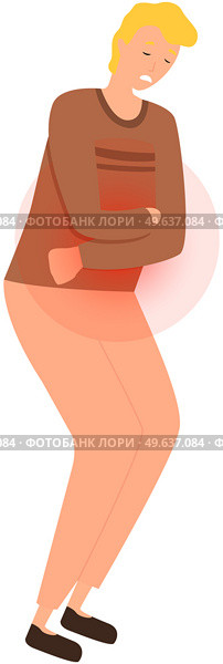 Diarrhea or constipation. Abdomen disease and illness. Guy with sad face suffering from stomachache. Painful sensations in belly. Man with abdominal pain. Male character feeling pain in his abdomen. Man with abdominal pain. Male character feeling pain in his abdomen, suffering from stomachache. Стоковая иллюстрация, агентство Ingram Publishing / Фотобанк Лори
