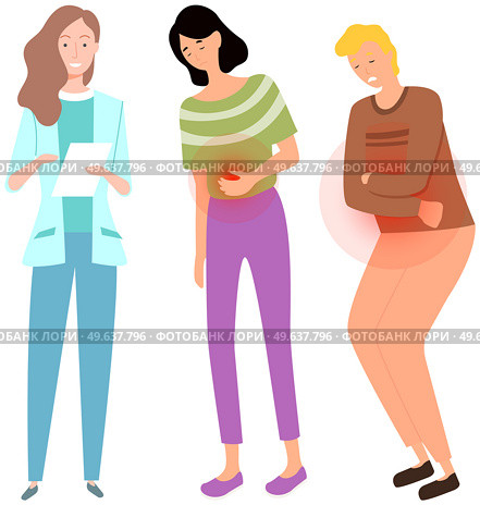 Diarrhea or constipation. Abdomen disease and illness. People are suffering from stomachache. Man and woman with abdominal pain on consultation with medical specialist. Doctor consults patient. People with abdominal pain on consultation with doctor. Man and woman suffer from stomachache. Стоковая иллюстрация, агентство Ingram Publishing / Фотобанк Лори
