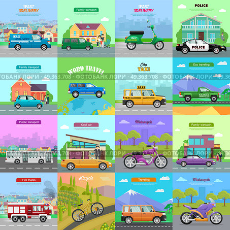 Different Means of Transportation. Auto Icons.. Different means of transportation. Set of diverse auto models icons. Flat design. Speed vehicles. Police car, automobile, truck, bicycle, motorcycle, bus, trolleybus fire truck cabriolet Vector. Стоковая иллюстрация, агентство Ingram Publishing / Фотобанк Лори