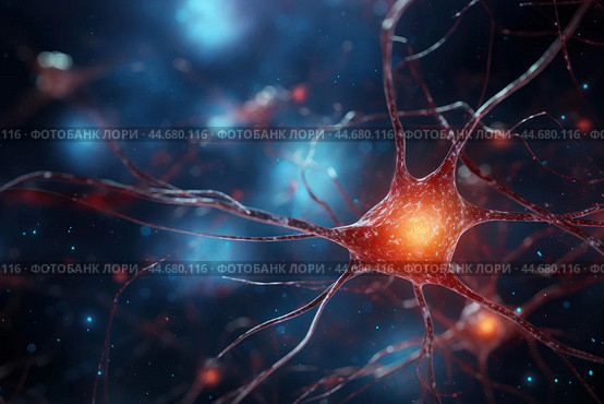 Digital 3d rendering of an active neural network synapse with dynamic connections. Стоковое AI-изображение, AI-художник Иван Рябоконь / Фотобанк Лори