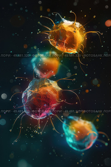 Digital artwork showcasing vibrant, multi-colored microscopic entities resembling bacteria or viruses with tiny particles surrounding them. Стоковое AI-изображение, AI-художник Данила Большаков / Фотобанк Лори