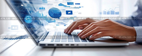 Digital business technologies, handmade on a laptop. Close-up. Стоковое AI-изображение, AI-художник Ярославский Максим / Фотобанк Лори