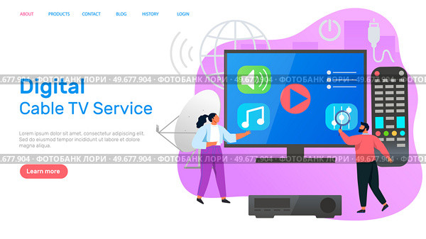 Digital cable TV service landing page template. Technology for transmitting television images and sound by coding video and sound signals using digital signals, television screen with play button. Digital cable TV service landing page template. Technology for transmitting television images. Стоковая иллюстрация, агентство Ingram Publishing / Фотобанк Лори