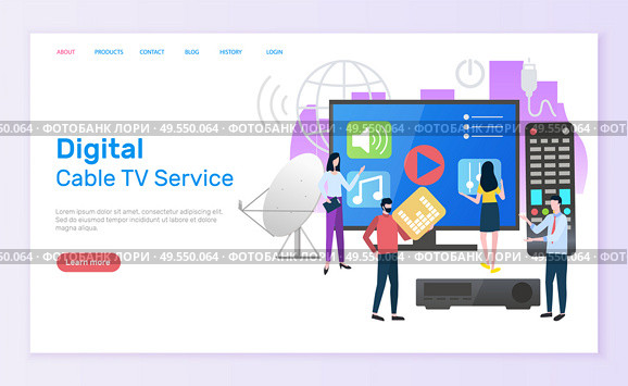 Digital cable TV service vector, television screen with play button and remote controller, people with using innovations, man and woman satellite. Website or webpage template, landing page flat style. Digital Cable TV Service People with Television. Стоковая иллюстрация, агентство Ingram Publishing / Фотобанк Лори