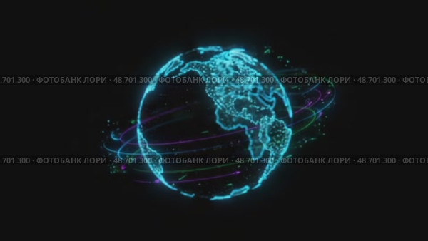 Digital globe illustration with glowing blue lines on black background. Стоковое AI-видео, аниматор KATERINA AI / Фотобанк Лори