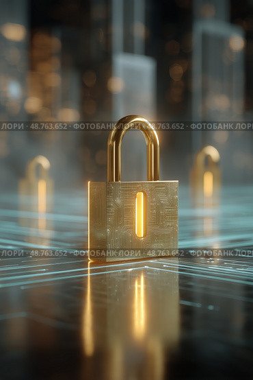 Digital Golden Lock Symbolizes Cybersecurity and Data Protection in a Futuristic Setting. Стоковое AI-изображение, AI-художник Юлия Гапеенко / Фотобанк Лори