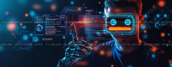Digital Innovation Within Technology A Detailed Portrait of a Young Man Engaged with Data Visualization Concepts. Стоковое AI-изображение, AI-художник Anastasy Yarmolovich / Фотобанк Лори