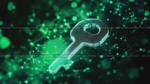 Digital key symbol floating in a green futuristic network with glowing connections, representing cybersecurity, encryption, and data protection. Стоковое AI-видео, аниматор Башкирова Анна / Фотобанк Лори