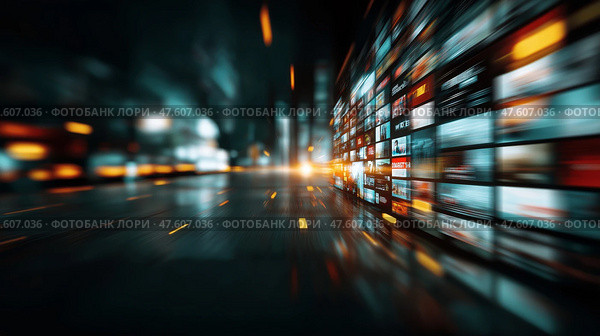 Digital landscape showcasing vibrant screens in a futuristic city at night. Яркие экраны отображают красочный контент в футуристической городской среде. Световые дорожки усиливают динамичную атмосферу ночного шумного города, наполненного технологиями и инновациями. Стоковое AI-изображение, AI-художник Katsiaryna Repich / Фотобанк Лори
