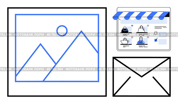 Digital marketing graphics with a photo gallery, online store with shopping cart, and envelope icon for email marketing. Ideal for e-commerce, business promotions, newsletters, digital strategies. Digital Marketing Elements Include Online Store, Photo Gallery, and Email Marketing. Стоковая иллюстрация, агентство Ingram Publishing / Фотобанк Лори