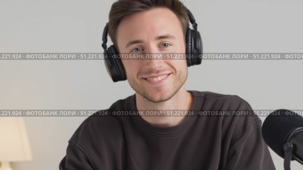 Digital media professional recording podcast, wearing noise canceling headphones, smiling confidently in home studio workspace, representing contemporary freelance content creation. Стоковое AI-видео, аниматор Юрий Поздников / Фотобанк Лори